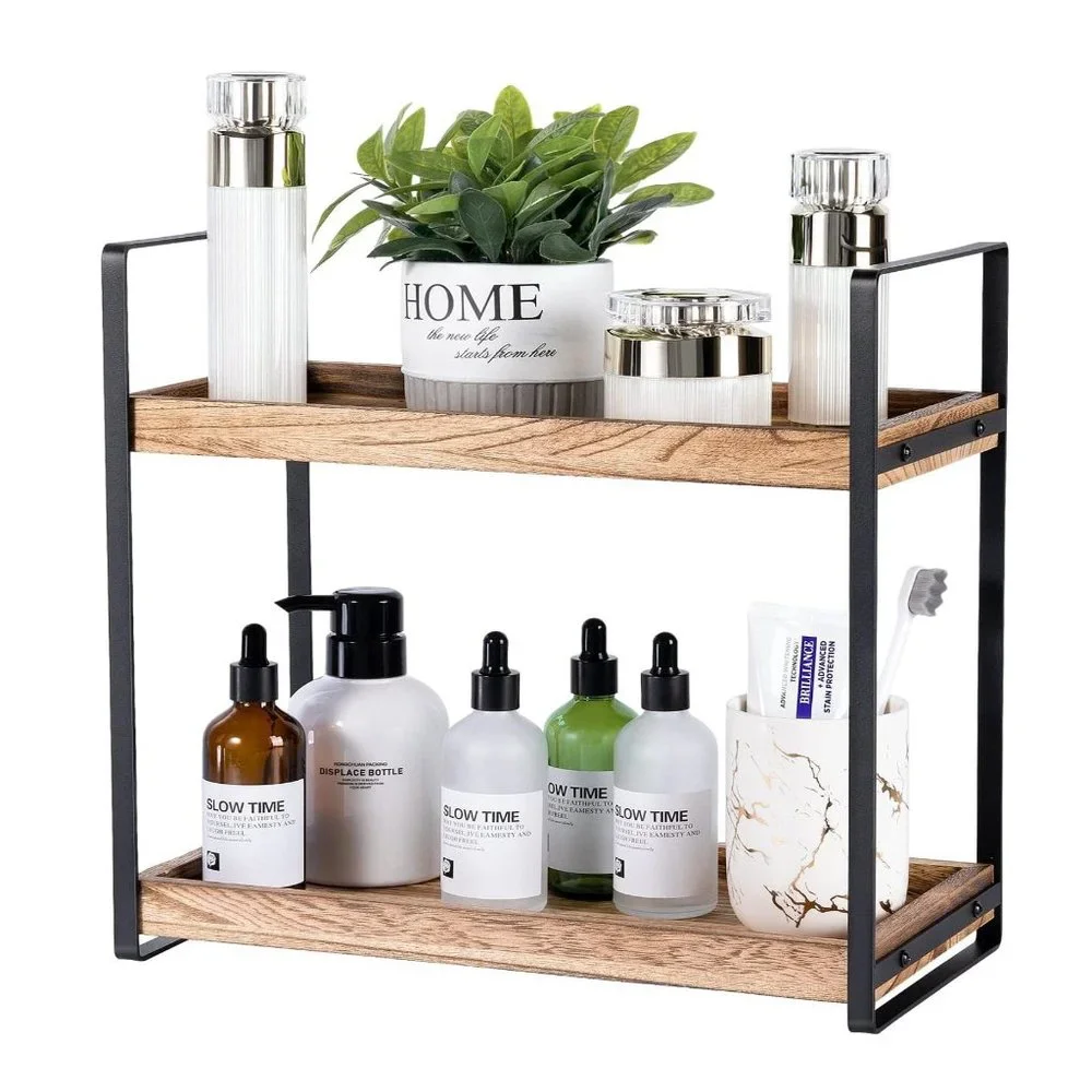 2-Tier Countertop Wood Bathroom Counter Organizers Shelf Cosmetic Storage, Decor